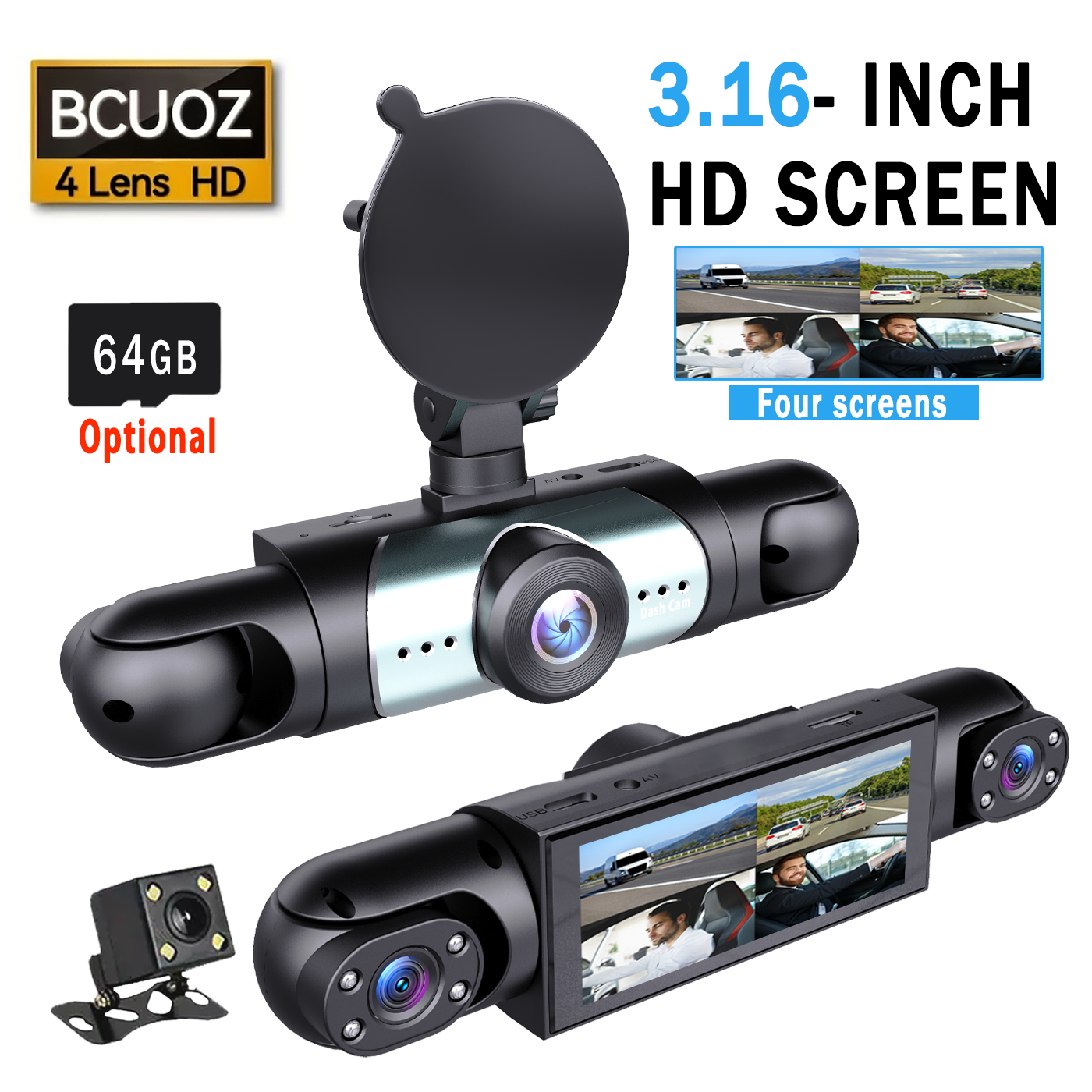 BCUOZ 4K Front Rear Inside Dash Cam with 270° View 4 Channels Night Vision 24/7 Recording Parking Mode Monitor 64GB Optional Free Car Camera