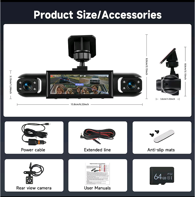 BCUOZ 4K Front Rear Inside Dash Cam with 270° View 4 Channels Night Vision 24/7 Recording Parking Mode Monitor 64GB Optional Free Car Camera