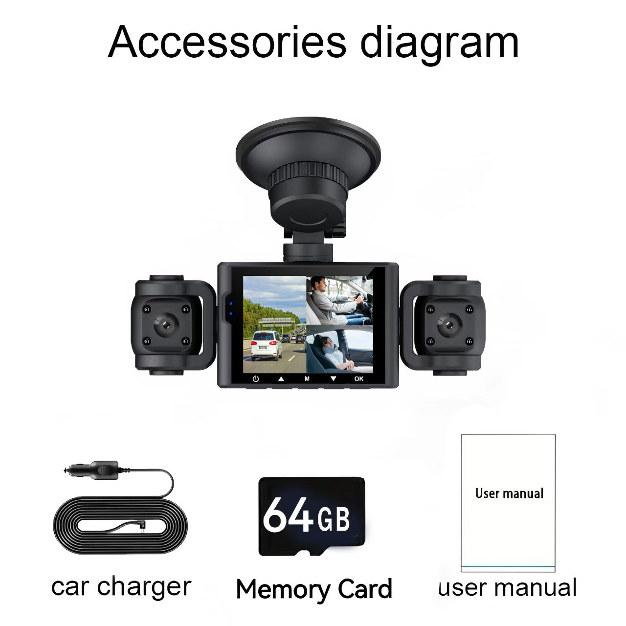 BCUOZ Dash Cam 3 Channel Front and Rear Inside, 360° Car Camera 1080P, Dash Camera Dashcam with 64GB Card, Night Vision, 24H Parking Mode