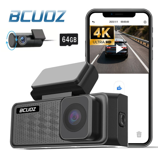 BCUOZ GS100 4K + 2K WIFI Dual Dash Cam with 64GB Card IR Night Vision，Parking Mode