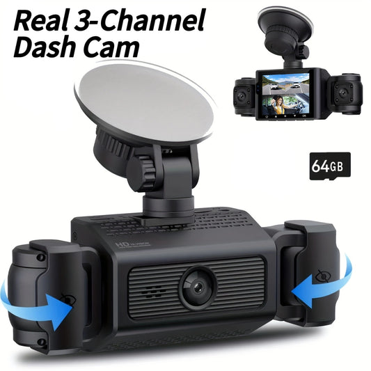 BCUOZ Dash Cam 3 Channel Front and Rear Inside, 360° Car Camera 1080P, Dash Camera Dashcam with 64GB Card, Night Vision, 24H Parking Mode