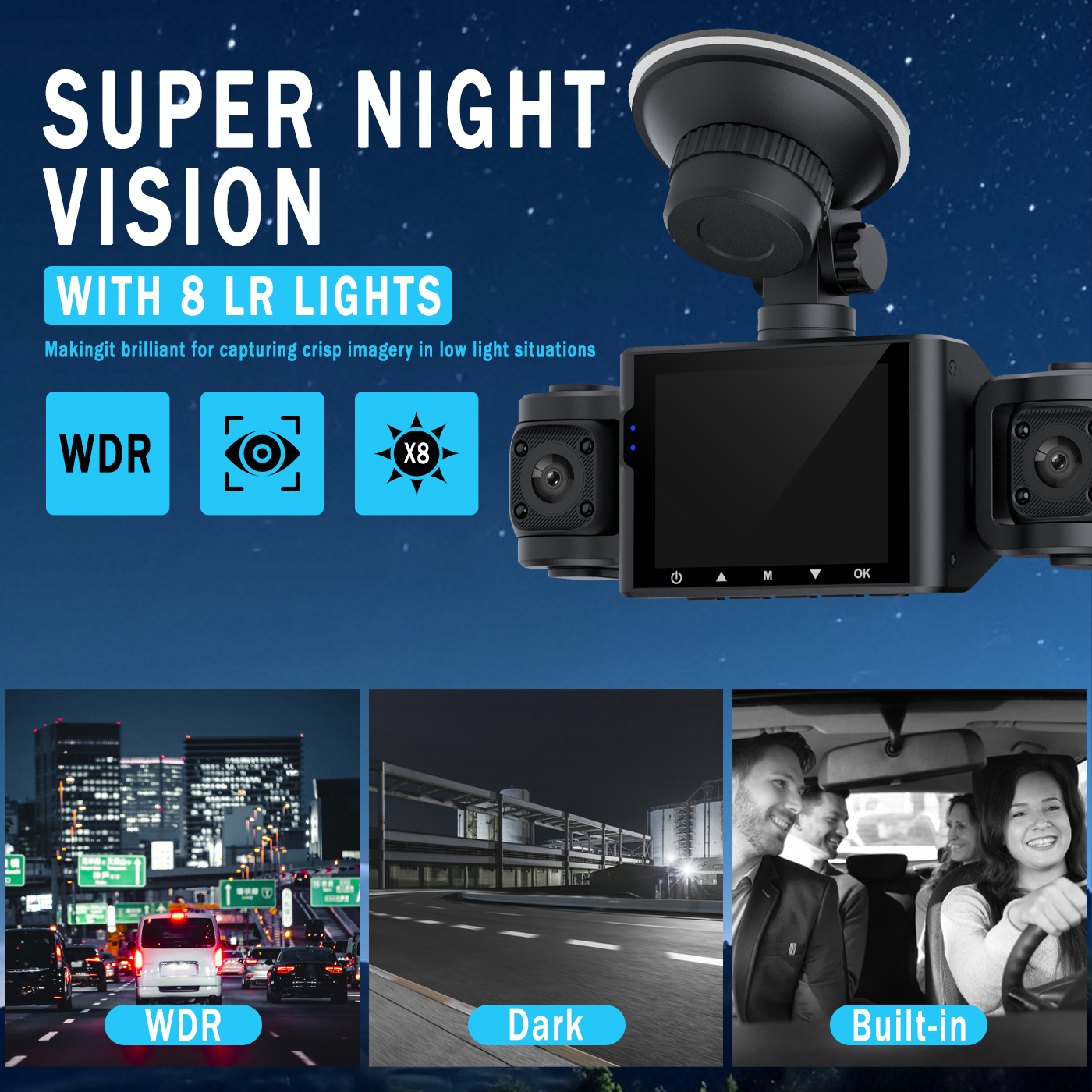 BCUOZ Dash Cam 3 Channel Front and Rear Inside, 360° Car Camera 1080P, Dash Camera Dashcam with 64GB Card, Night Vision, 24H Parking Mode