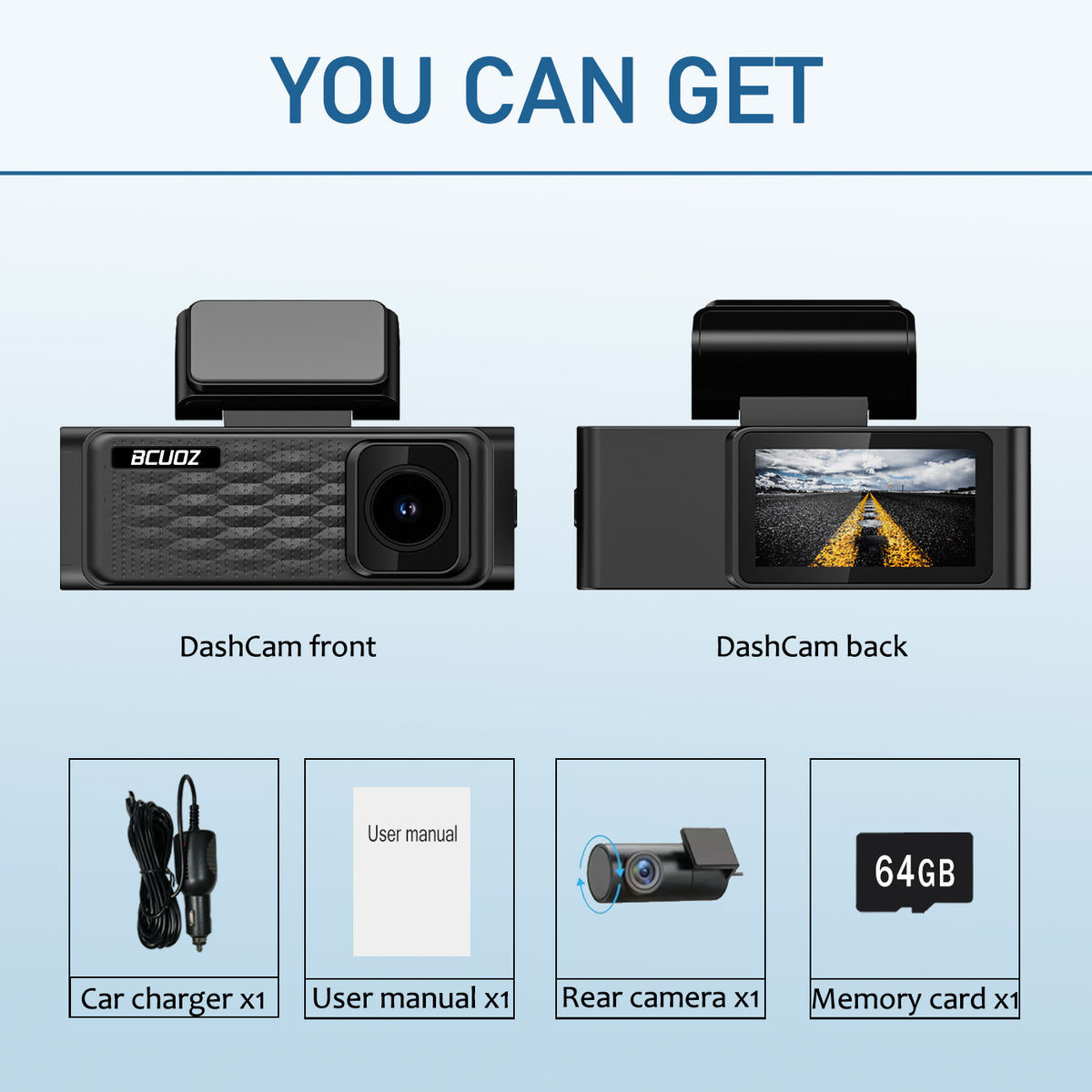 BCUOZ GS100 4K + 2K WIFI Dual Dash Cam with 64GB Card IR Night Vision，Parking Mode