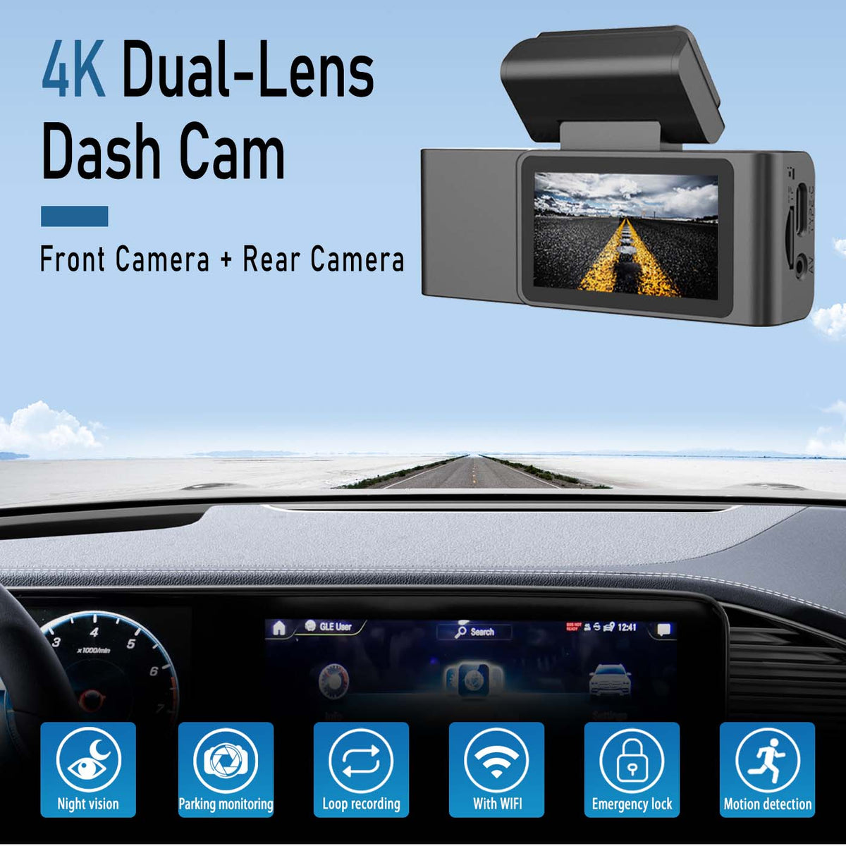 BCUOZ GS100 4K + 2K WIFI Dual Dash Cam with 64GB Card IR Night Vision，Parking Mode