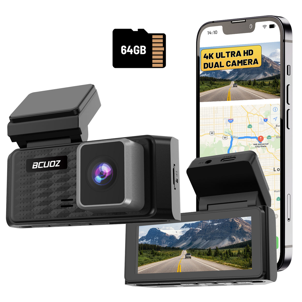 BCUOZ GS200 4K + 2K WIFI6 Dual Dash Cam with 64GB Card