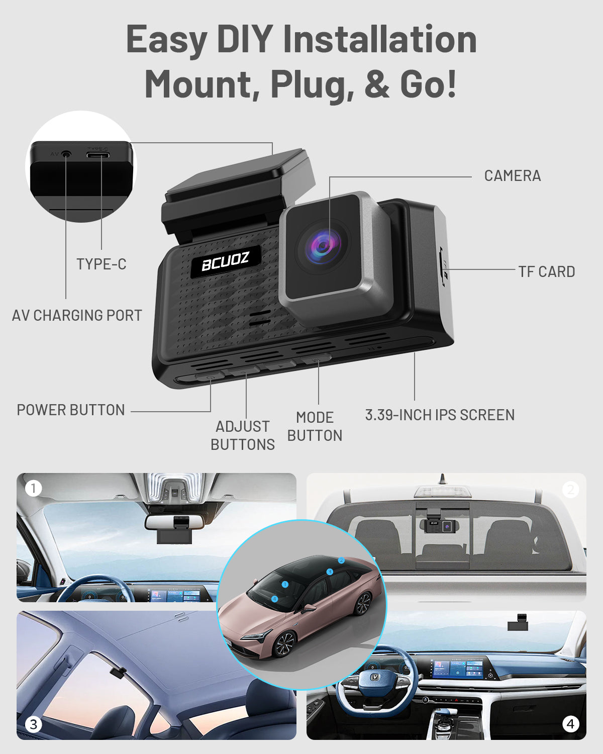 BCUOZ GS200 4K + 2K WIFI6 Dual Dash Cam with 64GB Card