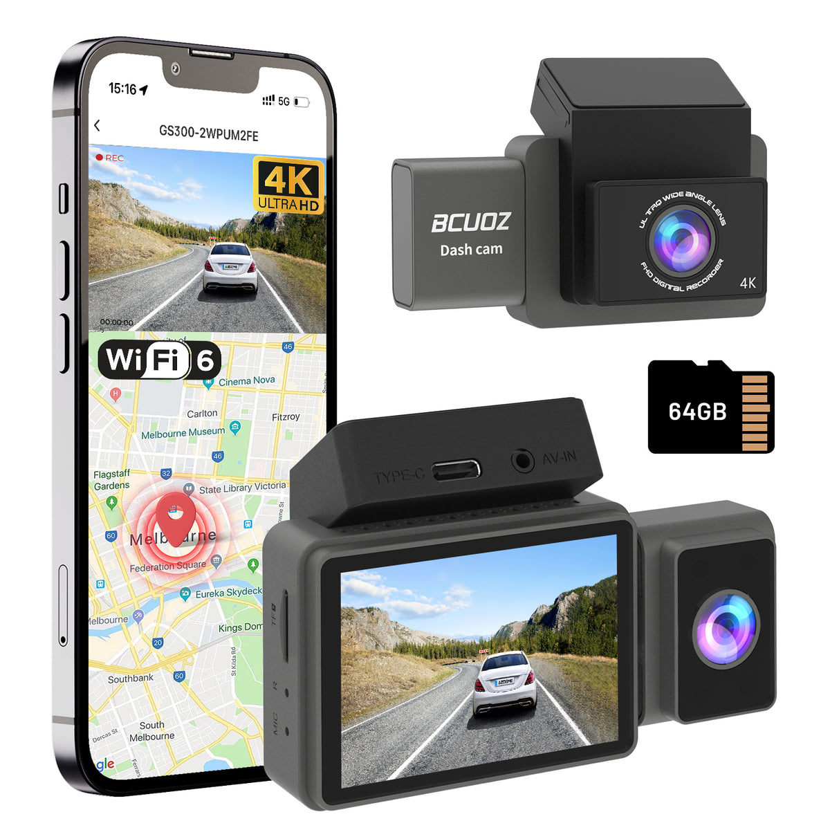 BCUOZ GS300 3-Channel 4K+2K+2K WIFI Dash Cam with 64GB Card