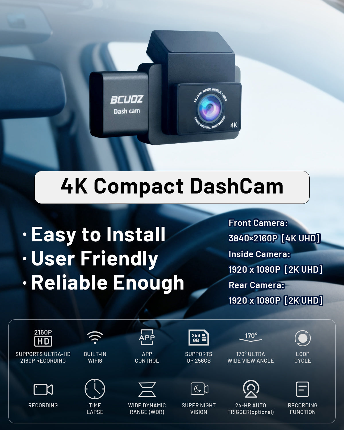 BCUOZ GS300 3-Channel 4K+2K+2K WIFI Dash Cam with 64GB Card