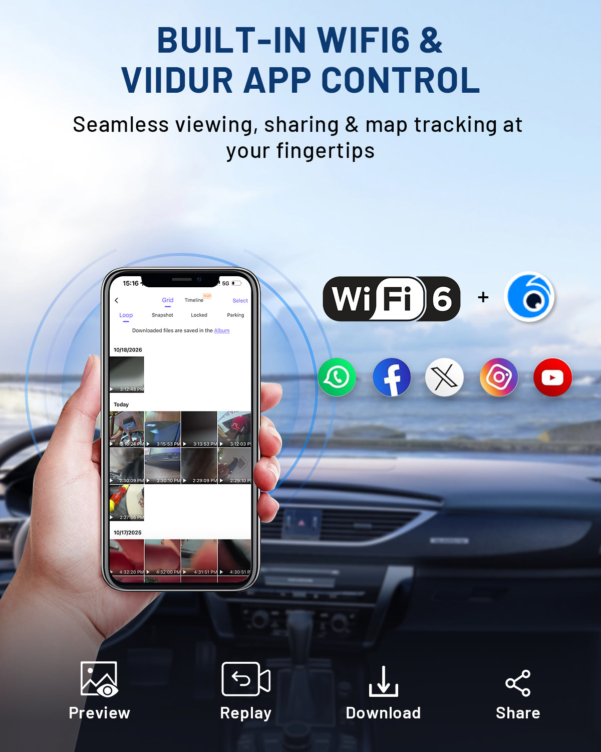 BCUOZ GS300 3-Channel 4K+2K+2K WIFI Dash Cam with 64GB Card