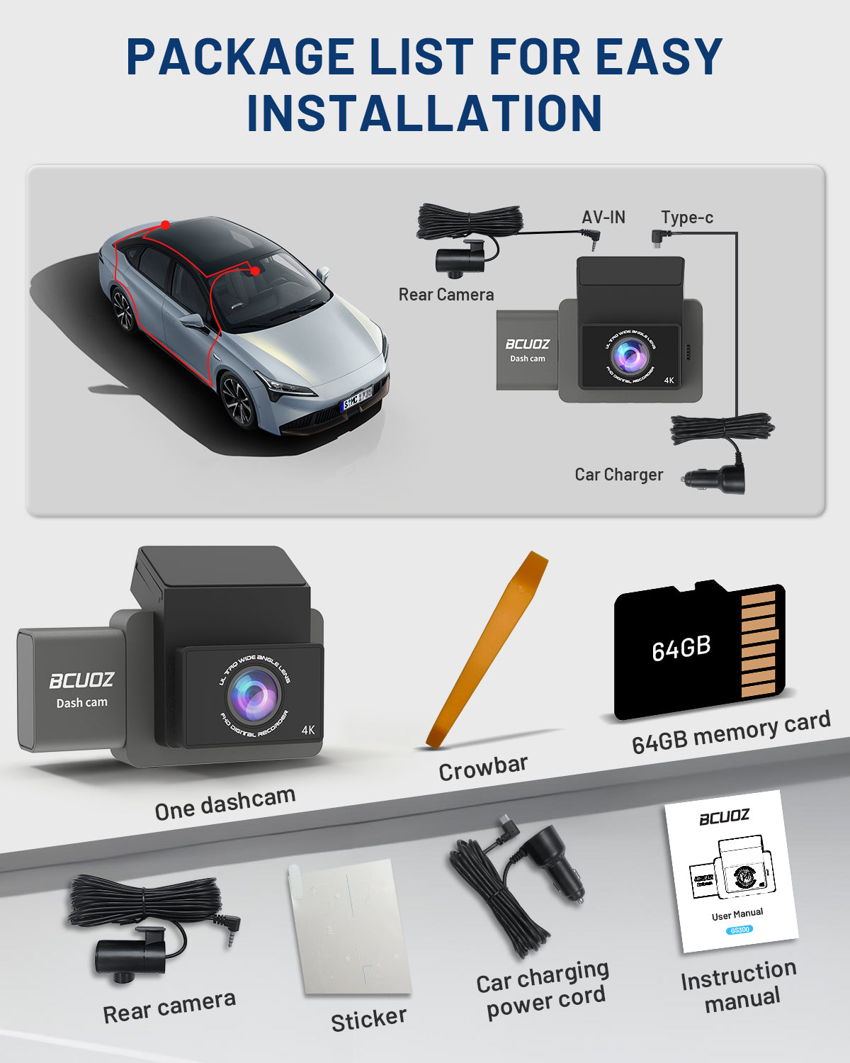 BCUOZ GS300 3-Channel 4K+2K+2K WIFI Dash Cam with 64GB Card